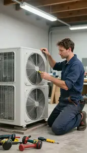 Boilermaker Installing A New Hvac In A Workshop Garage In Daily Work