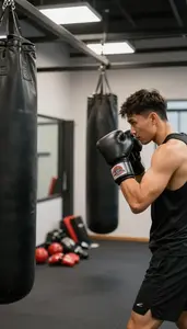 Boxing Coach Boxing With A Trainer In A Boxing Gym With Punching Bags In Daily