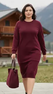 Burgundy Cozy Knit Dress For Women Fashion Stock Photo