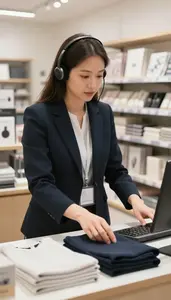 Call Center Agent Arranging Merchandise Displays In At A Customer Service Desk