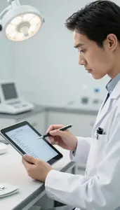 Cardiologist Consulting Medical Records On In A Sleep Study Laboratory In