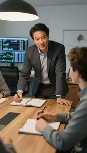Ceo Leading A Meeting Around In A Stock Brokerage Trading Desk In Professional