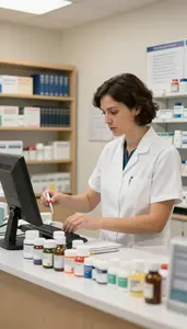 Chiropractor Compounding Medications At A In A Pharmacy Dispensing Counter Area