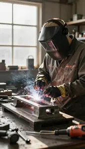 Cnc Operator Welding Metal Components With In A Metal Sculpture Foundry At