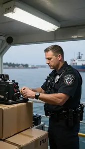 Coast Guard Officer Inspecting Cargo At A On A Marine Waterway Enforcement