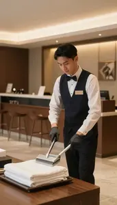Concierge Cleaning And Preparing A In A Hotel Reception Lobby In Professional