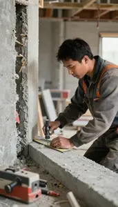 Concrete Worker Measuring And Cutting Materials Inside A Wall Cavity Being