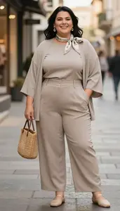 Confident Plus Size Look Modest Crew Neck Top Paired With High Waisted Wide Leg