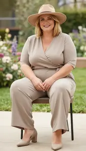 Confident Plus Size Woman In Wide Leg Pants With Wrap Blouse