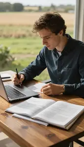 Correspondent Writing A Novel At In A Writers Home Office Desk At Professional