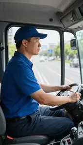 Courier Driving A Bus Through On A Residential Delivery Route In Professional