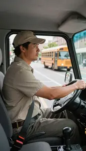 Courier Driving A Taxi Through At A School Bus Stop At Professional Venue