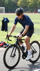 Cycling Coach Cycling On A Road On A Cycling Road Route At Work Today