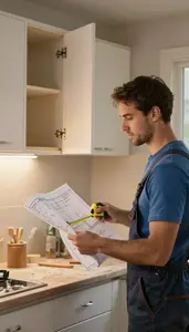 Demolition Worker Remodeling A Kitchen With In A Kitchen With New Cabinets Being