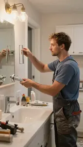 Demolition Worker Renovating A Bathroom With In A Home Kitchen Being Remodeled
