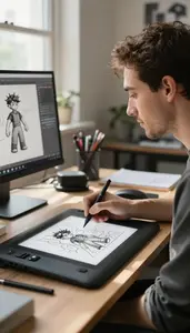 Ux Designer Rendering A 3d Model In A Comic Art Illustration Studio In