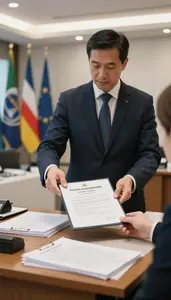 Diplomat Issuing A Consular Document In An International Summit Conference Hall