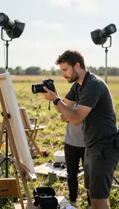 Documentary Photographer Photographing A News Event In A Portrait Painting Art