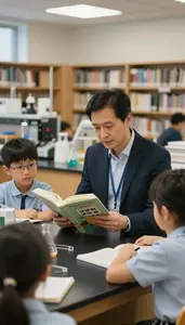 Education Administrator Reading A Book To In A Science Laboratory Classroom