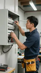 Electrician Repairing An Electrical Panel In A Workshop Garage At Professional