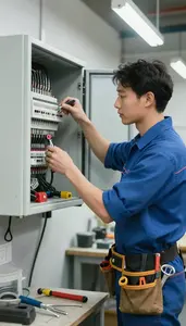 Electrician Repairing An Electrical Panel In A Workshop Garage In Professional