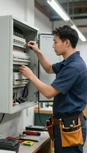 Electrician Repairing An Electrical Panel In A Workshop Garage At Work Today