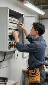 Electrician Repairing An Electrical Panel In A Workshop Garage At Work Location