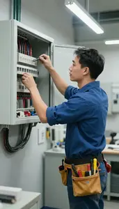 Electrician Repairing An Electrical Panel Inside A Building Mechanical Room