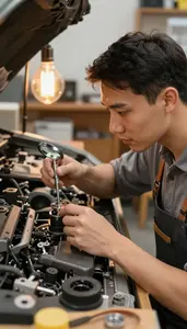 Elevator Installer Diagnosing A Vehicle Engine In A Watch Repair Studio In