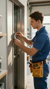 Elevator Installer Repairing A Lock Mechanism In An Appliance Repair Workshop