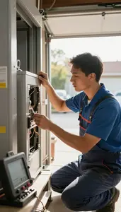Elevator Installer Repairing A Broken Appliance In An Appliance Repair Workshop