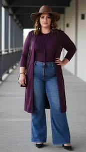 Empowered Plus Size Style Flared Jeans With Fitted Tee And Long Cardigan