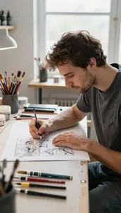 Engraver Drawing Comics In A In A Comic Art Drawing Studio In Professional
