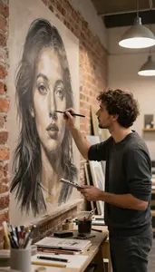 Engraver Painting A Large Mural In A Traditional Art Painting Studio At
