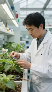 Entomologist Pruning Plants In A In An Entomology Research Laboratory At Work