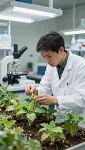 Entomologist Studying Plant Specimens In In A Crop Research Plot At Professional