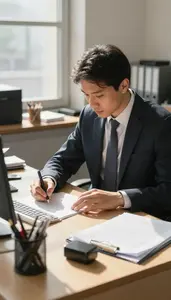 Financial Analyst Writing A Business Proposal In An Audit Examination Room In