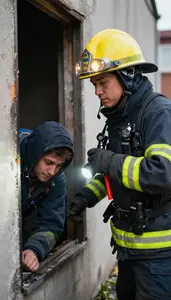 Fire Investigator Rescuing A Person From At A Fire Emergency Scene At Work Today