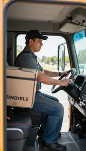 Fire Truck Driver Delivering Packages On A At A School Bus Stop In Daily Work