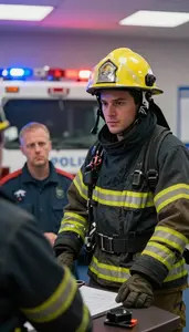 Firefighter Investigating A Fire Scene At A Police Station Briefing Room At