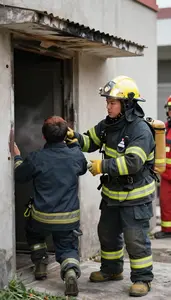 Firefighter Rescuing A Person From At A Fire Emergency Scene In Professional