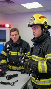 Firefighter Responding To An Emergency At A Police Station Briefing Room At Work