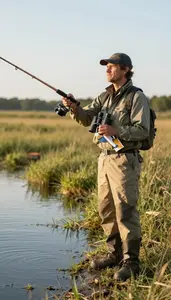 Fisherman Casting A Fishing Line In A Wetland Bird Observation Area In