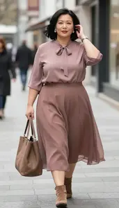 Flattering Plus Size Flowing Blouse With Tie Neck Paired With A Line Midi Skirt