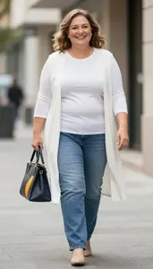Flattering Plus Size Modest Crew Neck Top Paired With Straight Leg Jeans