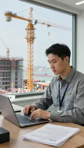 Fleet Manager Operating A Tower Crane In A Port Operations Control Center In