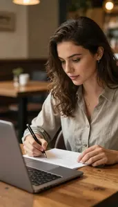 Food Blogger Writing A Food Review At A Restaurant Writing A Review In