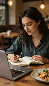 Food Blogger Writing A Food Review At A Restaurant Writing A Review In Daily