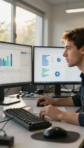 Full Stack Developer Reviewing Analytics Dashboards On In A Cloud Computing