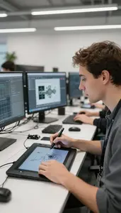 Game Developer Prototyping A New Feature In An Embedded Systems Workshop At Work